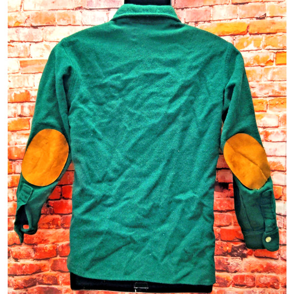 Woolrich Button Up Shirt Men's Green Wool Long Sleeve Elbow PSmalatches Collared - Picture 13 of 15